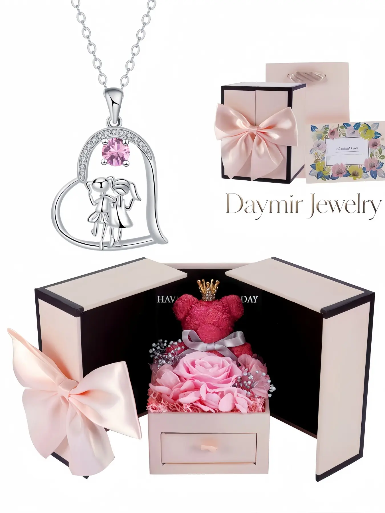 Childlike Hug Pink Diamond Heart Necklace, delicate shiny heart jewelry for girlfriends. Matched with a preserved rose bear gift box, it’s a mysterious gift for birthdays, Valentine’s Day, Mother’s Day and Christmas.