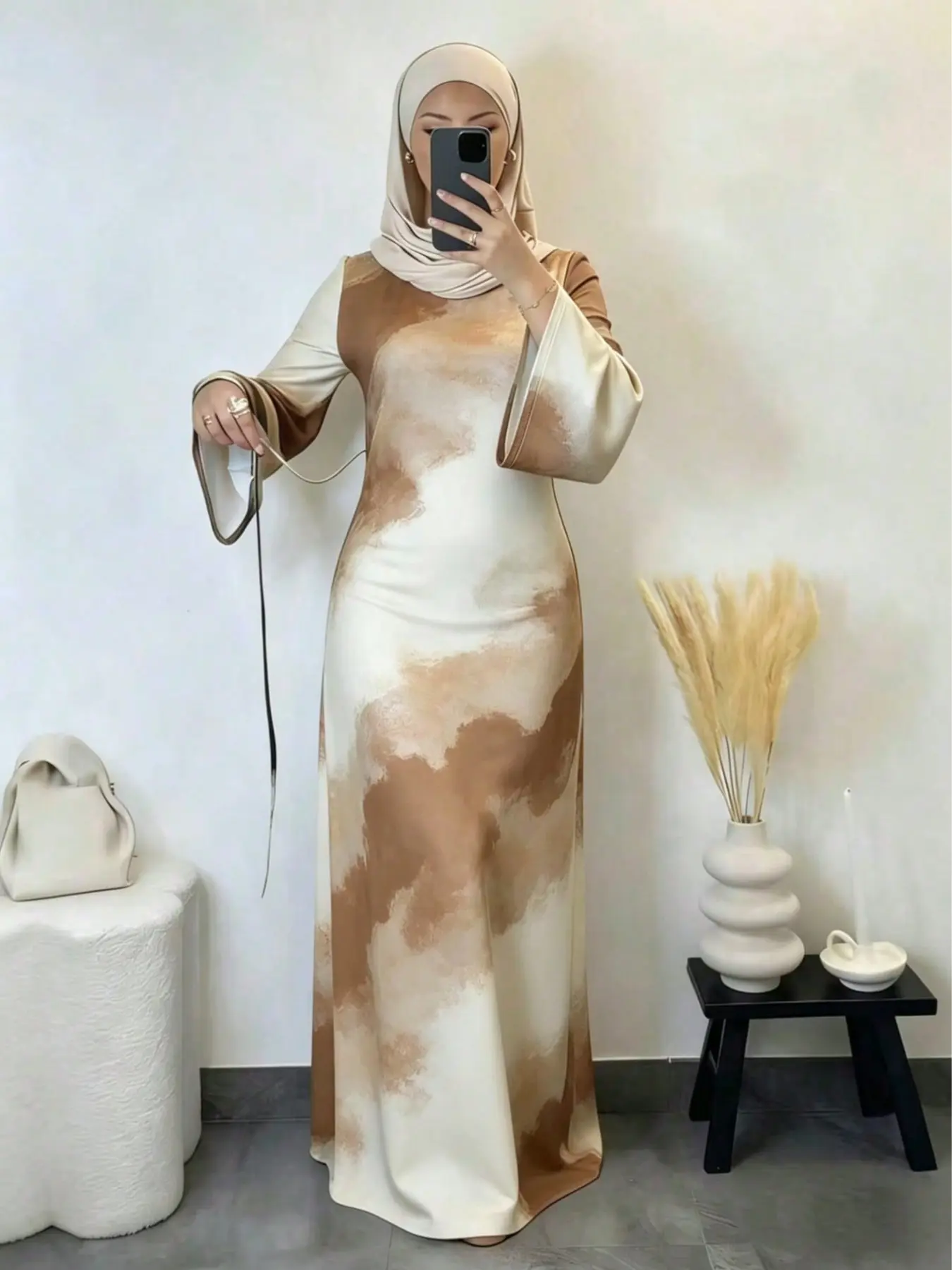 Fashion Arab Muslim Abaya Maxi Dress, Round Neck Flared Long Sleeve Abstract Print Soft Stretch Knit Fabric, Modest Outfit For Women Daily Party Vacation