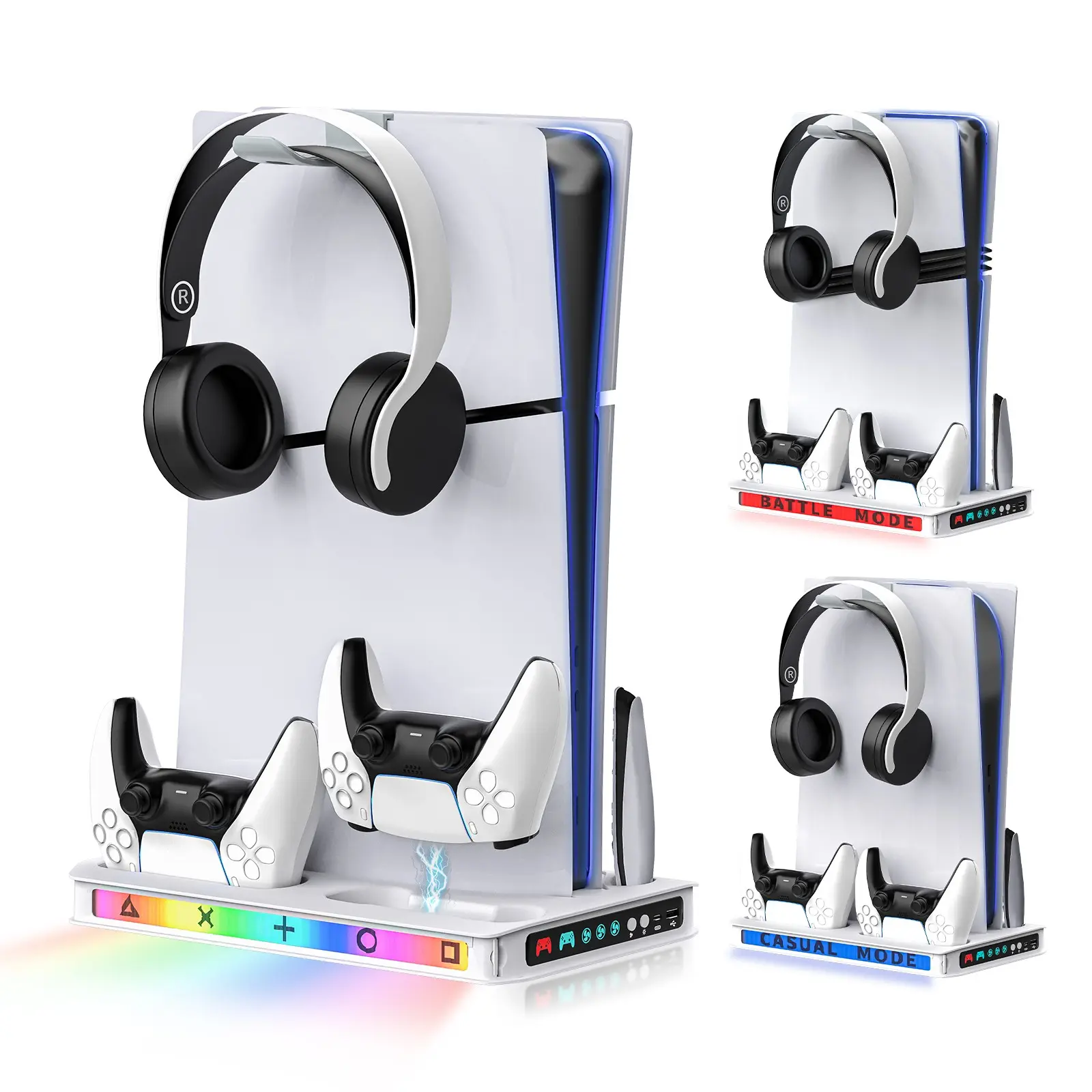 PS5 Cooling Stand with Dual Controller Charging, 3-Level Fan, 9-Mode RGB Light, Game Storage, Headset Holder, USB Ports and DIY Card Slot, Compatible with PS5, Slim and Pro