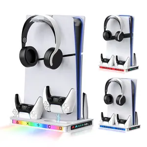 Ps5 Cooler Stand with RGB Lighting, Dual Controller Charger, 3-Level Cooling Fan, USB Ports, Game Disc Storage, Headset Holder