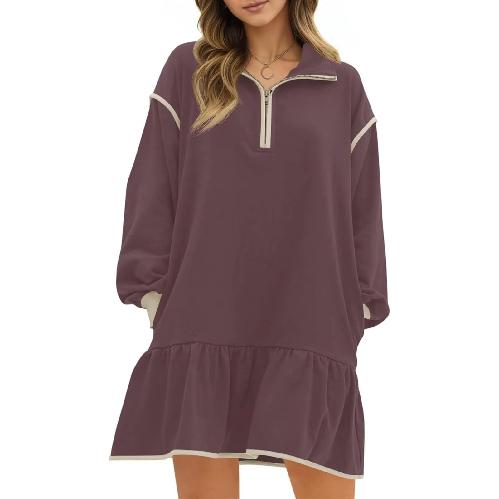 Tankaneo Womens 2026 Fall Oversized Sweatshirt Dress Casual Long Sleeve Quarter Zip Ruffle Hem Pullover Mini Dresses