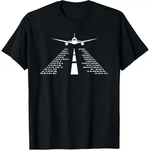 Pilot Flight Airplane Shirts 360 Phonetic Alphabet T-Shirt - Unisex Adult, Black, Short Sleeve, Small, Classic Fit