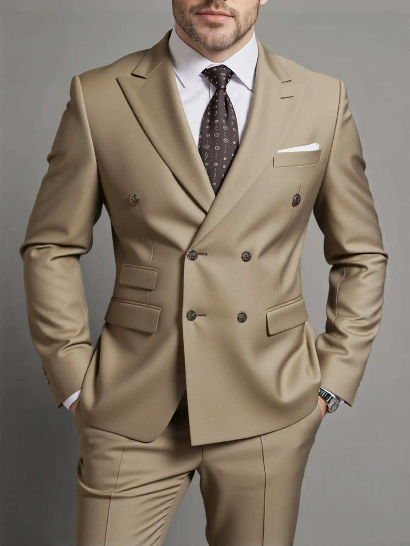 Men's Versatile Solid Suit Set Double Breasted Peak Lapel Blazer Trousers Elegant Office Party Wedding