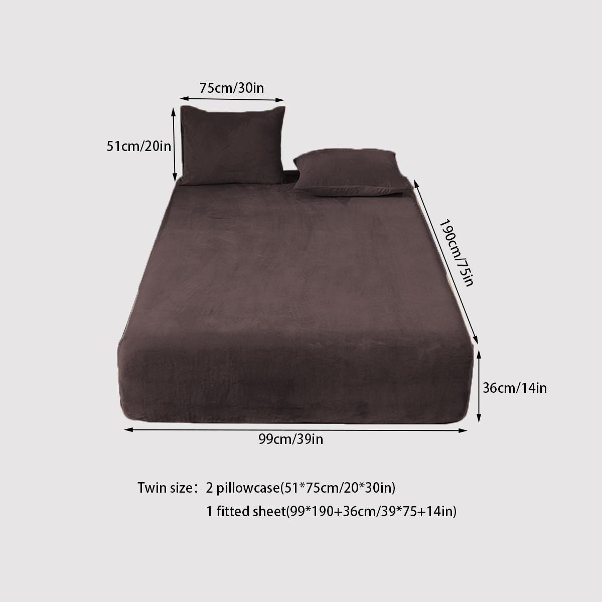 Solid Color Fitted Sheet and Pillowcase Set, 3 pcs/set Including 1 Plush Fitted Sheet and 2 Pillowcases without Filler, Soft Bedding Set