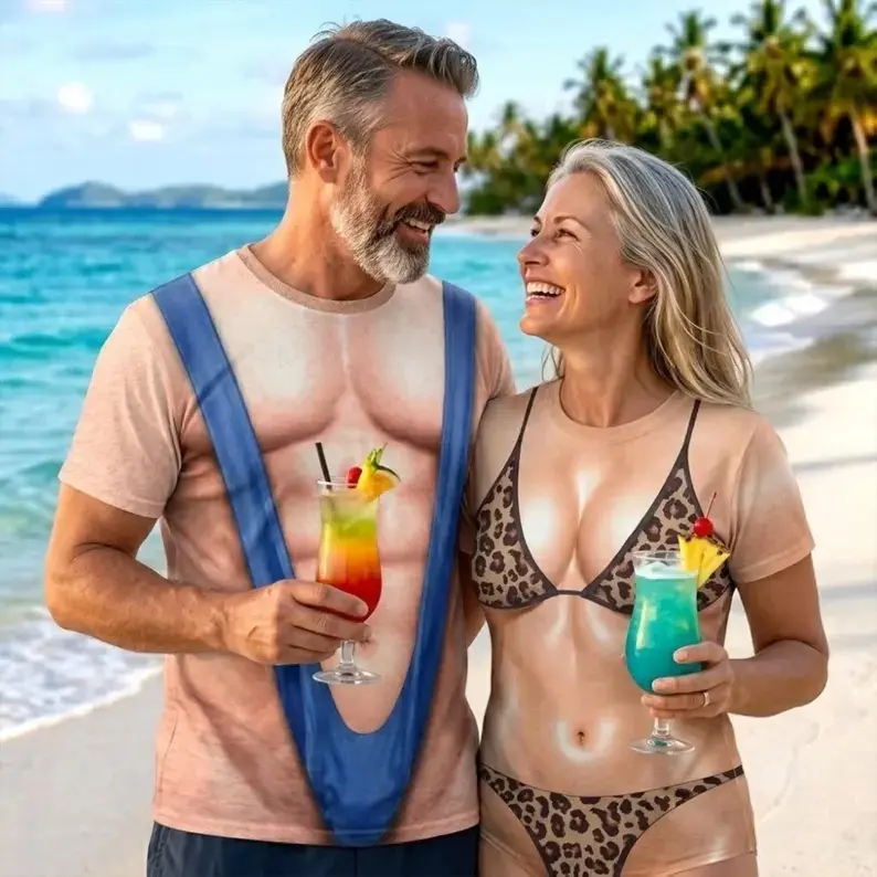 Novelty 3D Fake Body Graphic T‑Shirt, Customizable Skin Tone & Top Pattern, Humor Prank Tee, Casual Beach Holiday Outfit For Men & Women,Fake Suspenders and Leopard Bikini Tees, Beach Vacation Gag Gift #   TikTokMadeMeBuyIt #   TikTokShop # FunnyTshirt