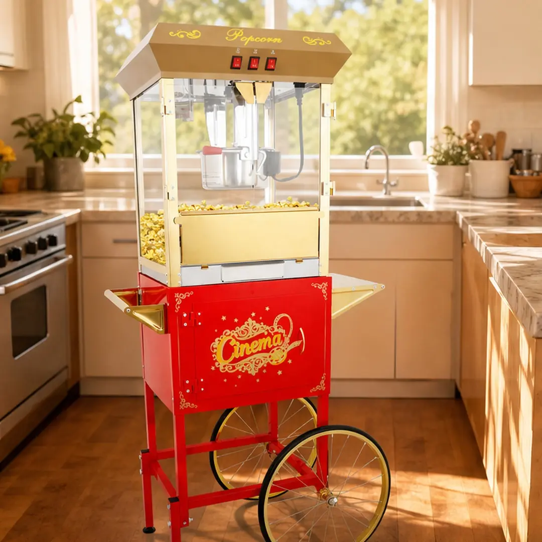 Commercial Popcorn Machine Cart with 16 oz Kettle, 3-Switch Control, Tempered Glass Doors, Vintage Design, Steel Frame, 850W, Storage Cabinet, 20.47 W x 30.71 D x 58.86 H in, Red/Golden Options, Concession Stands Equipment, Cart Base