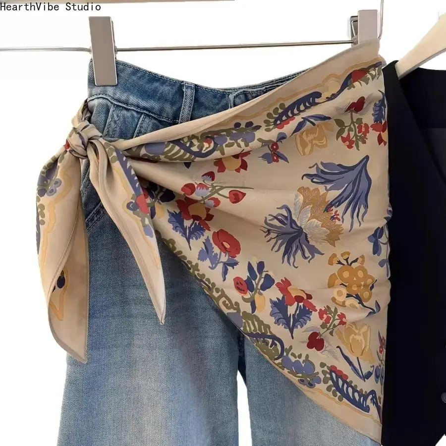 Boho Floral Print Triangle Scarf for Women, Versatile Bandana Hair Neck Waist Tie, Retro Decorative Headscarf for Daily Outfits, French Cottagecore Y2K Fashion Shawl Accessory Summer Gift