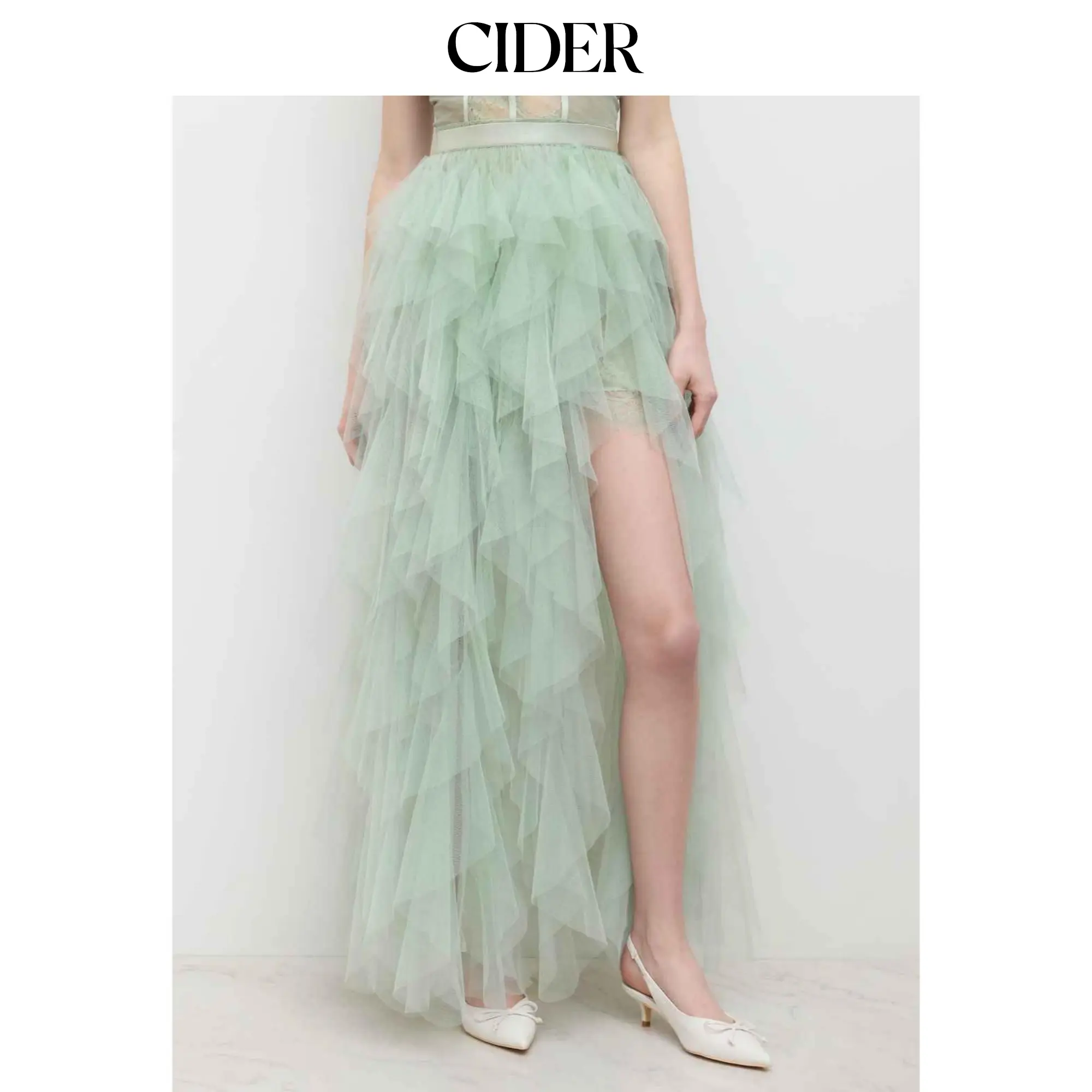 Cider Voluminous Mesh Mid Rise Ruffle Hem Tulle Maxi Skirt