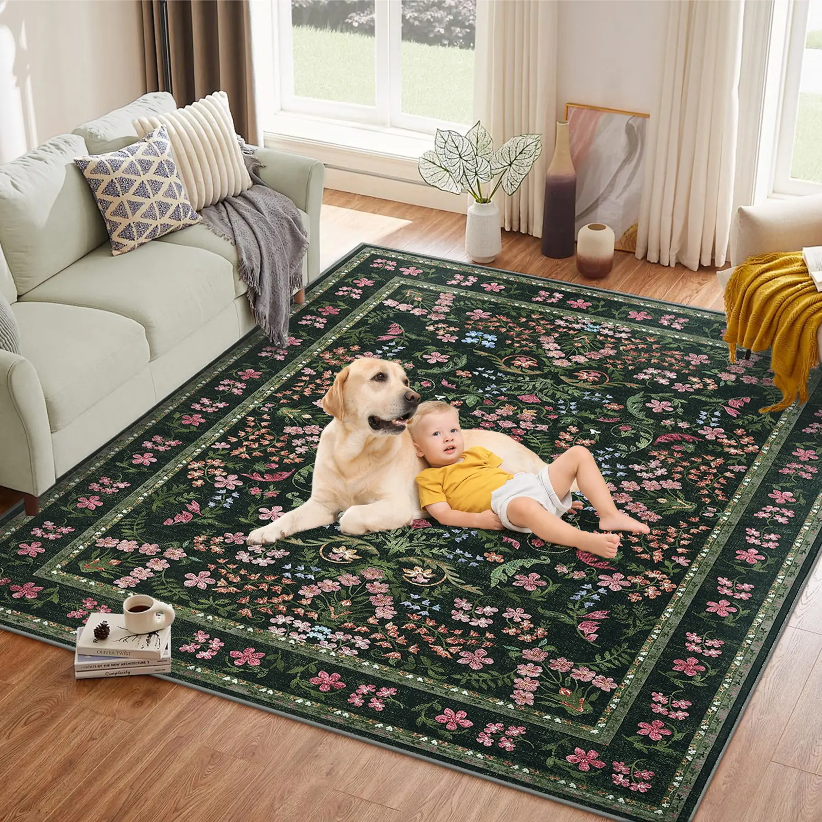 Gaomon Vintage Floral Area Rug, Machine Washable Non-Slip Soft Carpet for Living Room Bedroom Kitchen, Low Pile Runner Rug for Entryway Hallway, Pet Friendly, Multiple Sizes