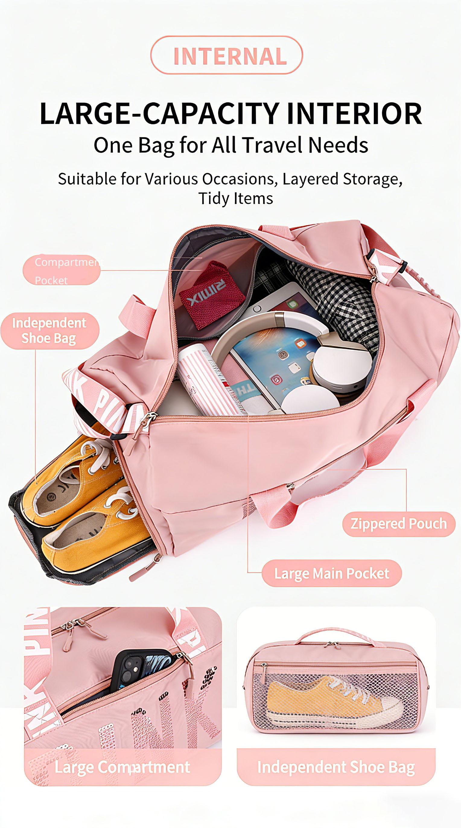 Cute Pink Travel Duffel Bag for Women with Shoe Compartment, Large Capacity Waterproof Gym Weekender Bag for Yoga School Overnight Trip Cute Pink Travel Duffel Bag for Women with Shoe Compartment, Large Capacity Waterproof Gym Weekender Bag for Yoga School Overnight Trip