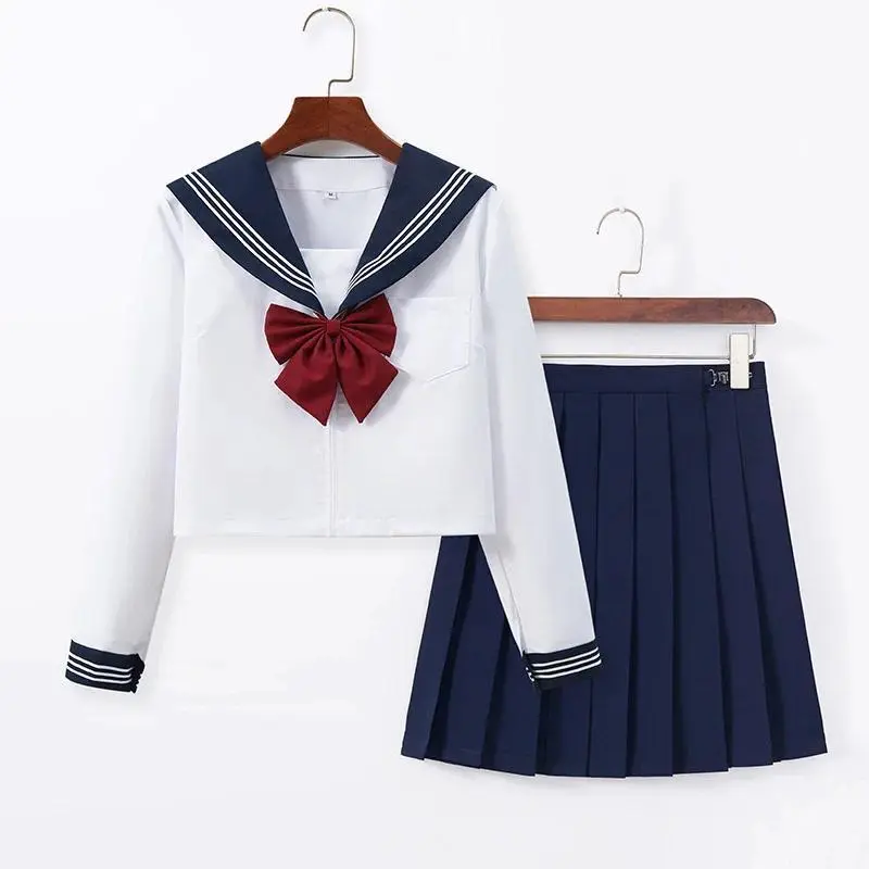Hot Japanese School Uniform Girl Jk Suit Sexy Spring and Autumn Red Tie White Three Basic Sailor Uniform Women Long Sleeve Suit