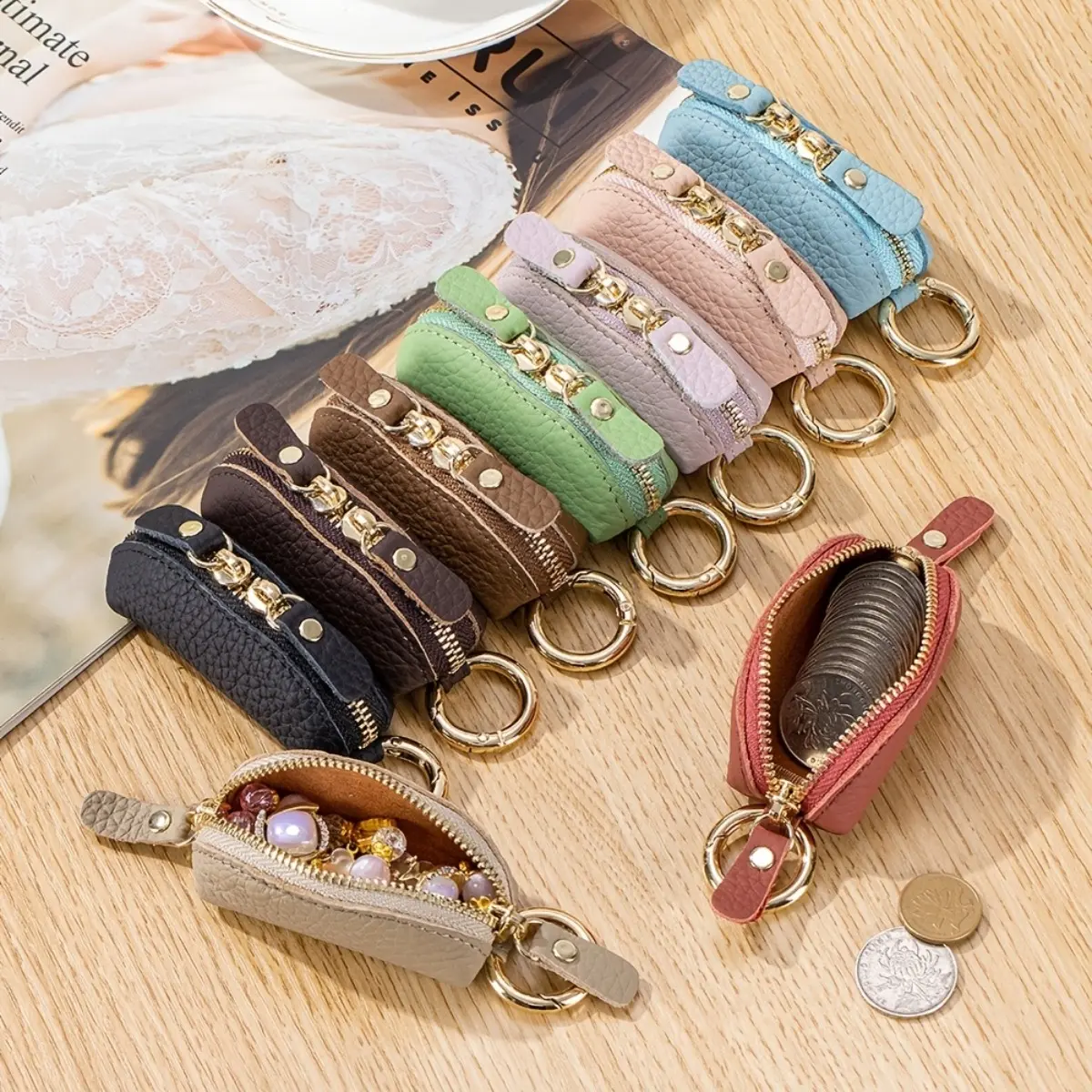 Women's Genuine Real Leather Mini Coin Purse - Japanese Look Zippered Keys Keychain Wallet for Coins & Small Essentials
