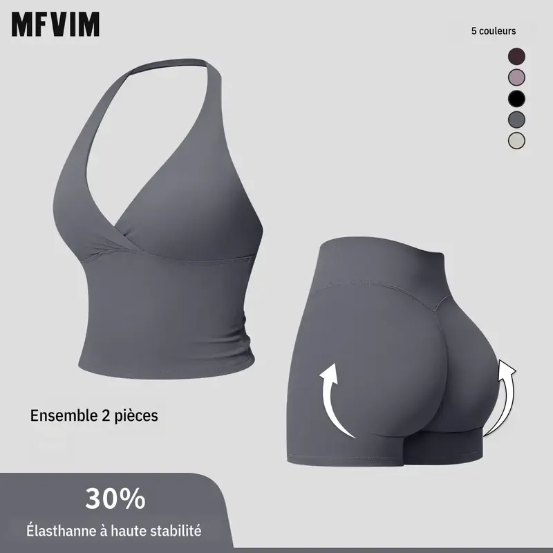 MFVIM Women's V-Neck Halter Long Yoga Sportswear Set - Back-Enhancing Waist-Defining Tank Top, High-Waisted Butt-Lifting Sports Shorts, 2-Piece Workout Clothes, Gym Sets, Back to School