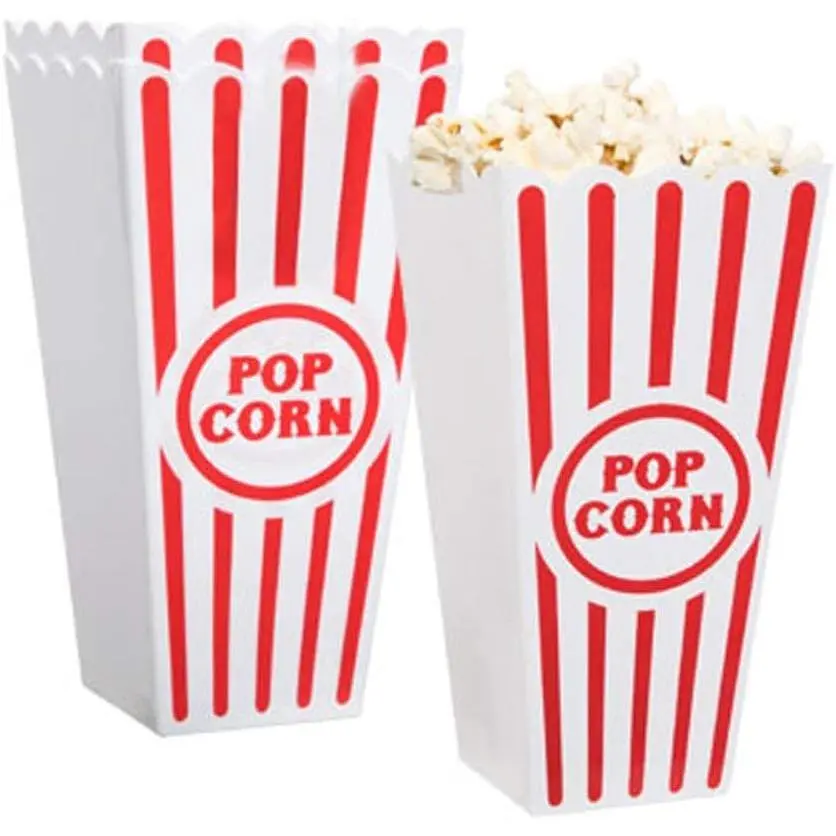 Plastic Red & White Striped Classic Popcorn Containers for Movie Night - 7.8" Tall x 3.8" Top x 2.3" Bottom, 41oz (4 Pack)