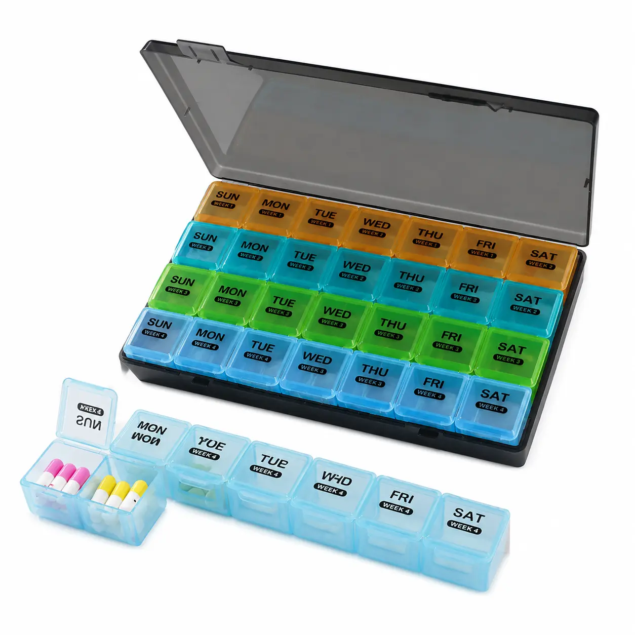 Large-Capacity 28-Compartment Weekly Pill Organizer Box – Portable, Stackable, and Leak-Proof Medicine Storage Solution for Daily Dose Management and Travel Use