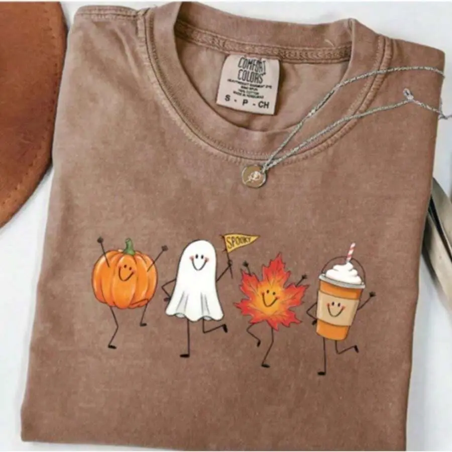 Women's Casual Cotton Graphic Tee - Breathable Regular Fit Autumn Halloween Shirt, Fall Pumpkin Ghost Maple Leaf Pumpkin Spice Latte Prints, Machine Washable Sports Top