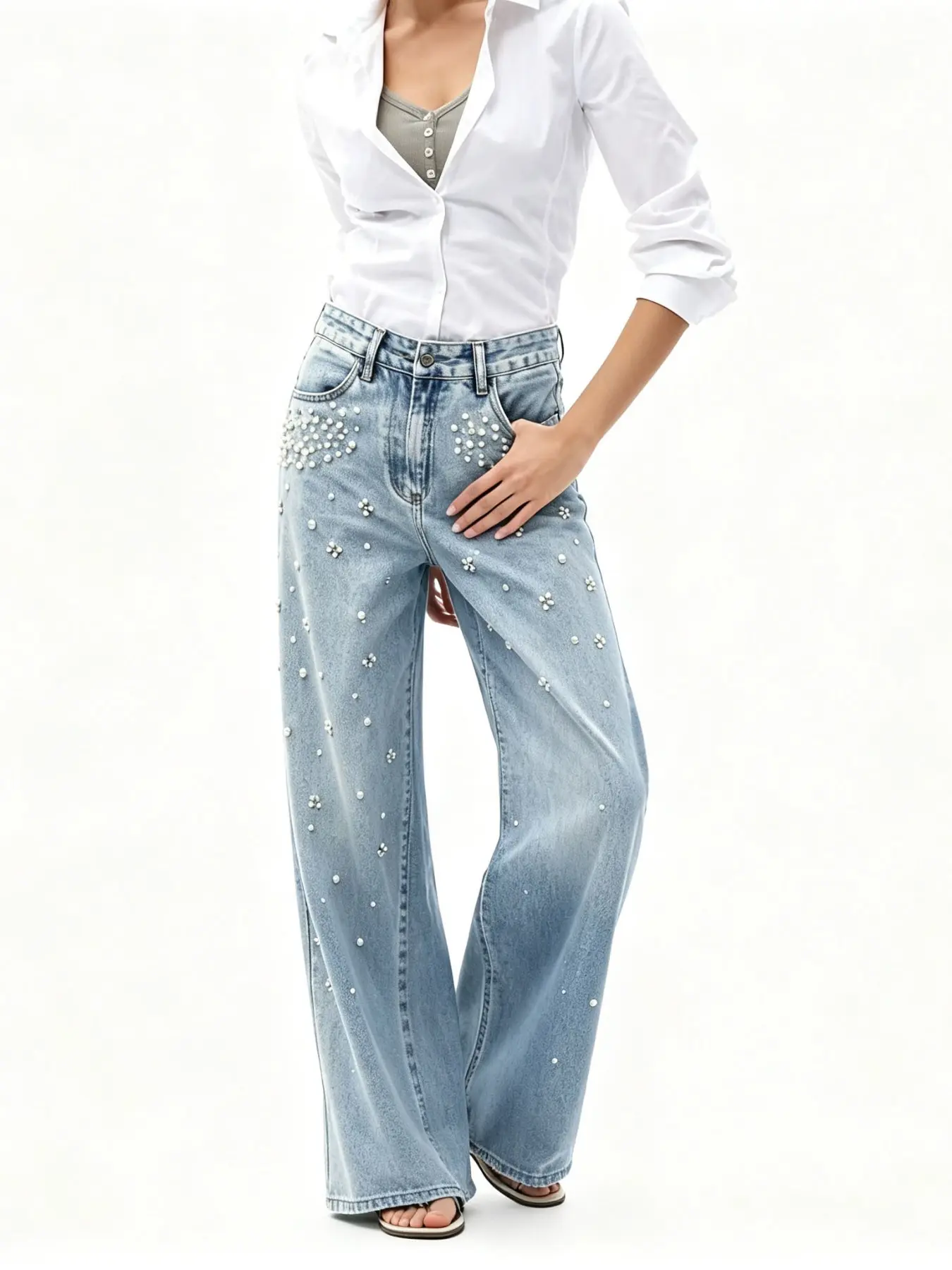 Women's Y2K High Waist Wide Leg Jeans, Light Snow Wash Loose Baggy H-Shape Denim Pants, Pearl Embellished Casual Streetwear Jeans With Pockets