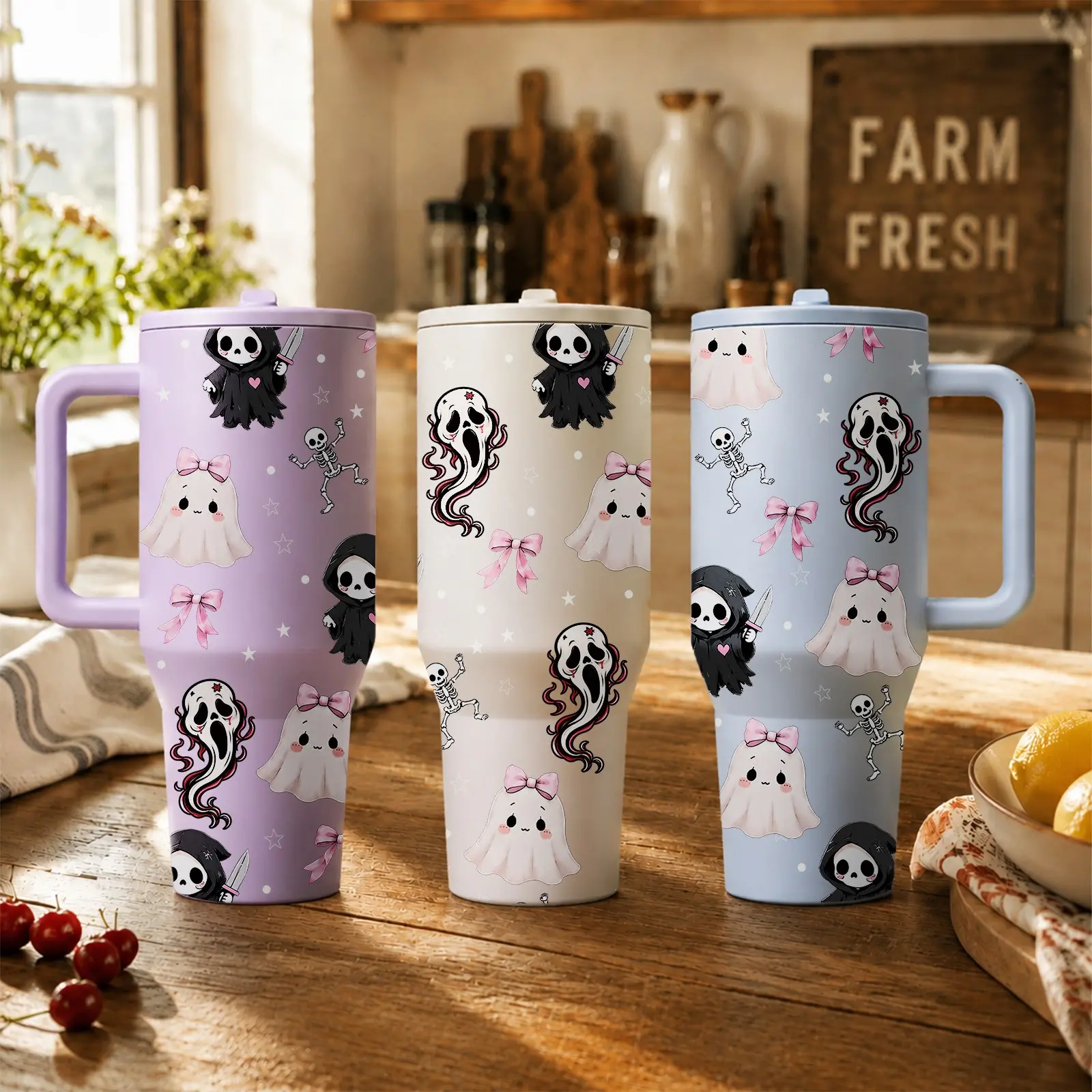 1PC Bow Ghost Night 40oz Stainless Steel Tumbler with Handle and Straw, Cute Halloween Ghost Print Water Bottle, Large Capacity Leakproof Travel Cup, Double Wall Vacuum Insulated Cold & Hot Drink Mug for Office, School, Outdoor, Party and Gift