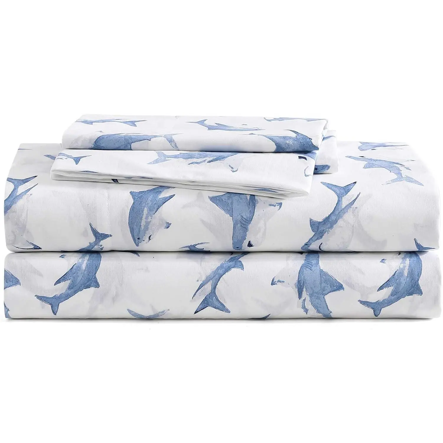 Poppy & Fritz - Twin XL Size Sheet Set, 100% Long-Staple Percale Cotton Bedding, Crisp & Cool, Deep Pockets, Bed Sheets with Matching Fitted Sheet & Pillowcase (Shark Attack Blue)