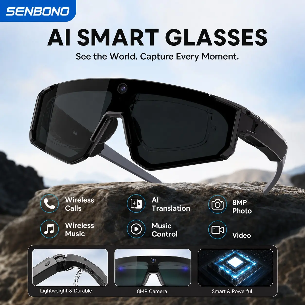 SENBONO Smart Glasses Bluetooth AI Sports Camera Glasses with photo, video and audio recording, dual speaker music playback, call answer and hang-up, AI translation recognition and chat, anti-shake algorithm