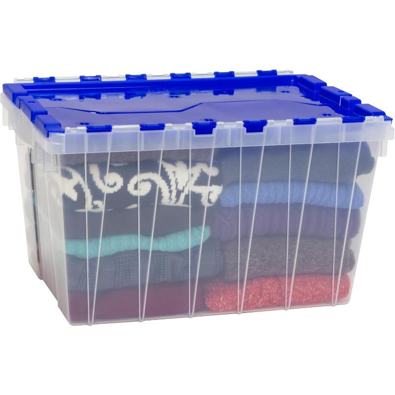 KeepBox 12 Gallon Storage Container Nesting and Stackable Plastic Storage Box with Lid Attached Clear Tote for Garages Closets and Moving 211 2 x 15 x 121 2 Clear Blue