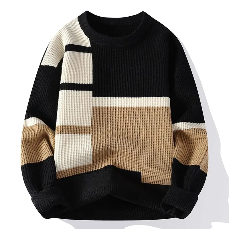 Men'S Geometric Block Color-Blocked Crew Neck Sweater, Waffle Texture, American College Style, Suitable For Daily Commuting, Trendy Streetwear Pullover Knit Top, Unisex Couple'S Sweater