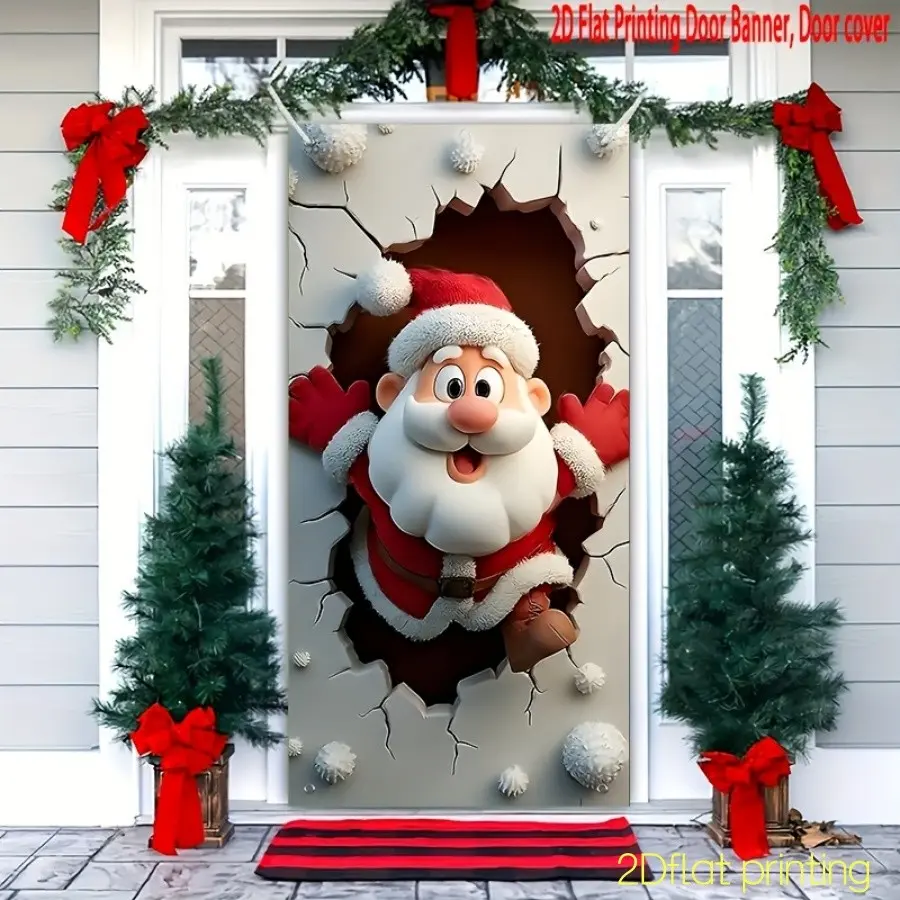 Cute Santa Claus Breaking Through Wall, 3D Visual Effect, Snowballs Decor, Christmas Door Decoration, Multiple Sizes Available
