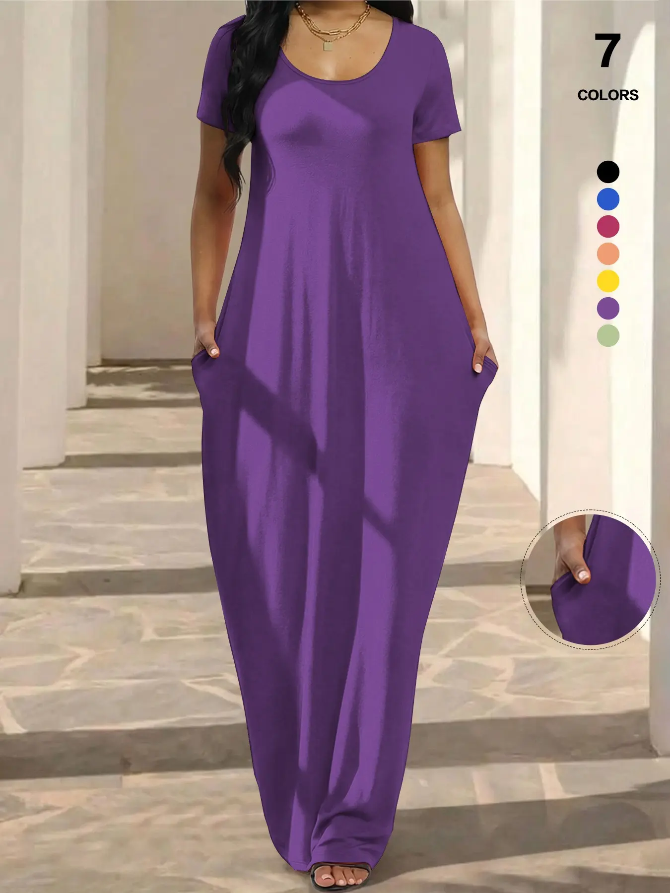Plus Size Oversized Solid Minimalist U-Neck Short Sleeve Maxi Dress, Loose Fit Soft Knit Floor Length Nightgown, Casual Loungewear for Women, Daily Home Wear, Nightwear