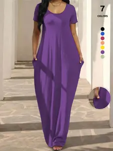 Plus Size Solid U-Neck Short Sleeve Maxi Dress, Loose Fit Soft Knit Floor Length Nightgown, Casual Loungewear for Women, Daily Home Wear