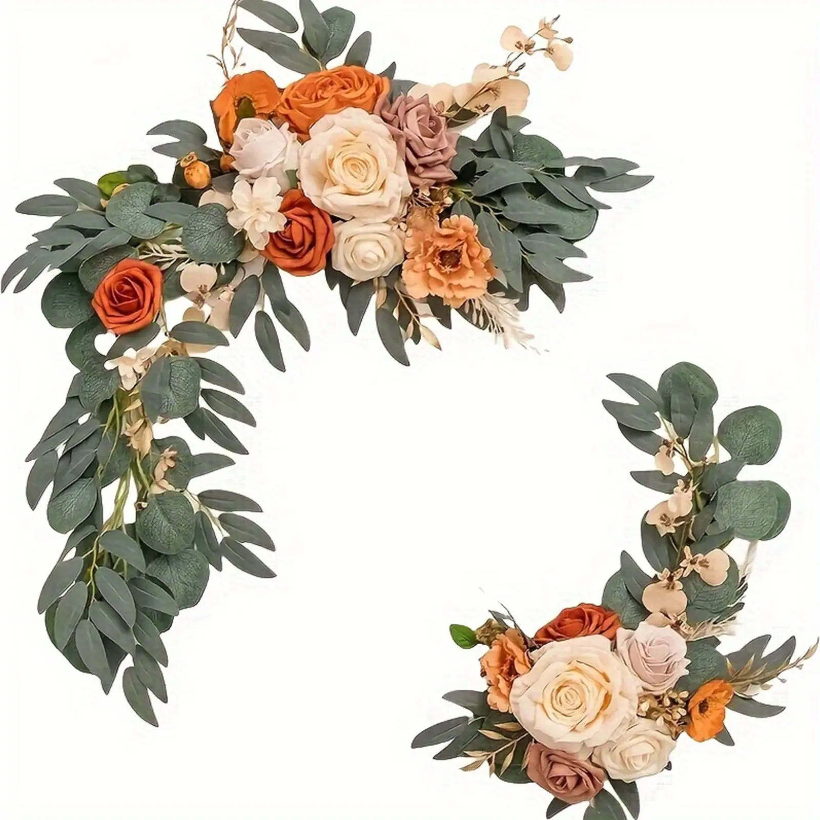 2 PCS elegant brown floral flower arch ornaments, artificial flower roses, peonies with gray willow leaves, perfect for wedding decorations, reception party backgrounds, home decor, holiday decorations