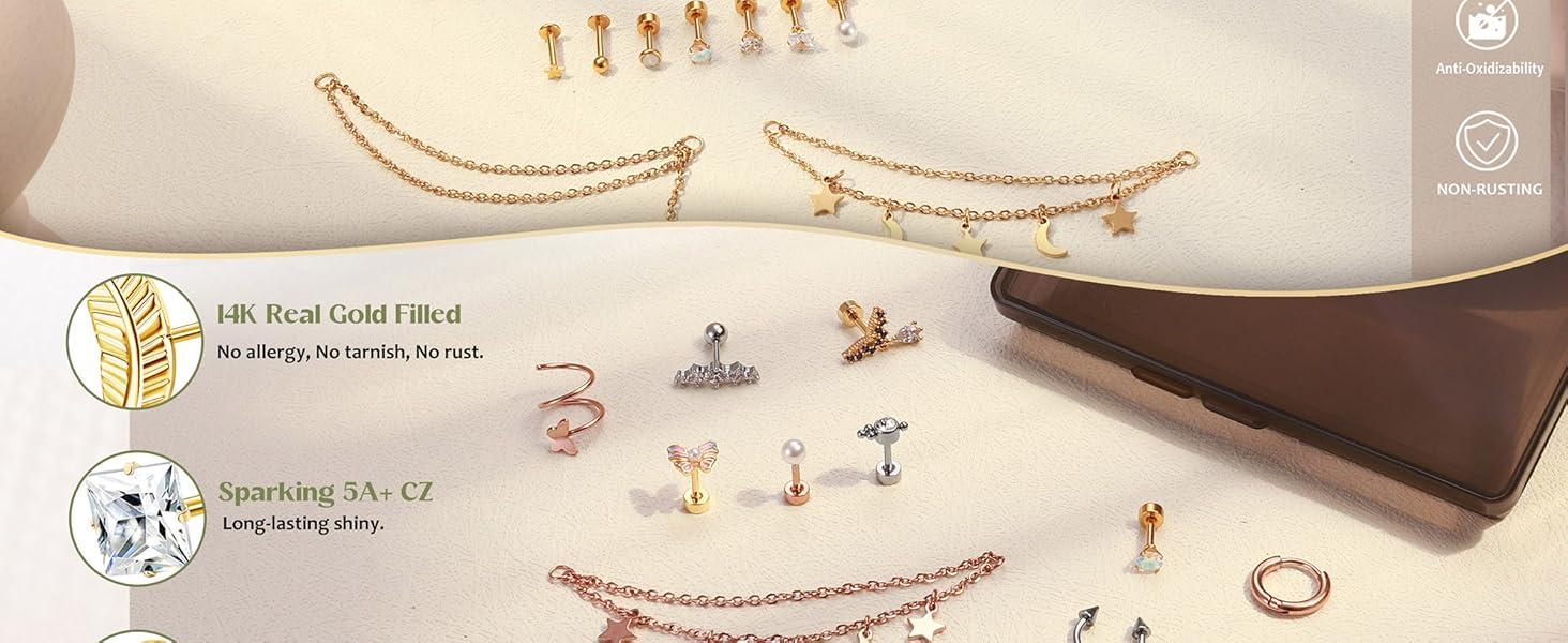 Fansilver 27Pcs Flat Back Earrings Hypoallergenic Surgical Steel Stud Earring Stacks Set Dainty Chain Dangle Cartilage Tragus Daith Helix Piercing Jewelry for Women Men Trendy 16G