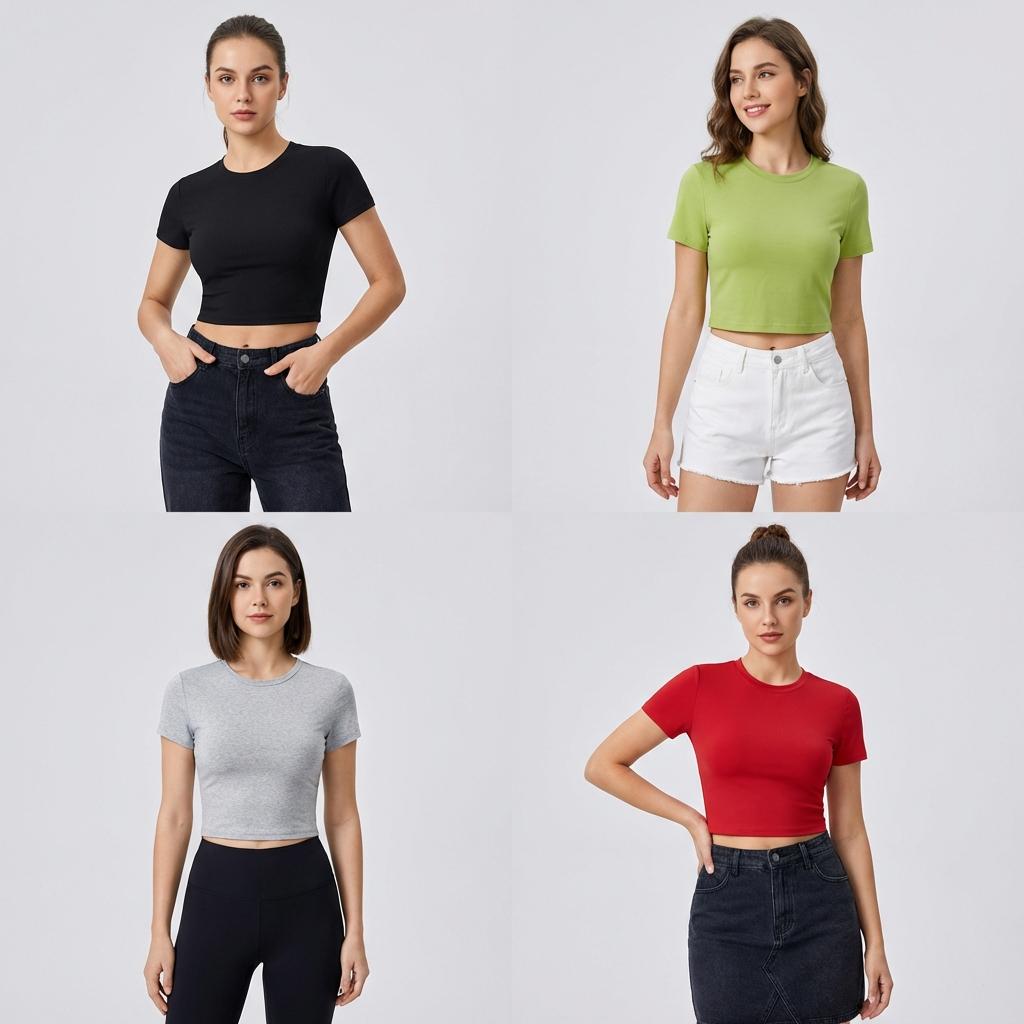 Woman Solid Cotton Crop Tops Short Sleeve High Elastic T-Shirt Soft O-Neck Sporty Tees Summer Street Fashion Female Clothes
