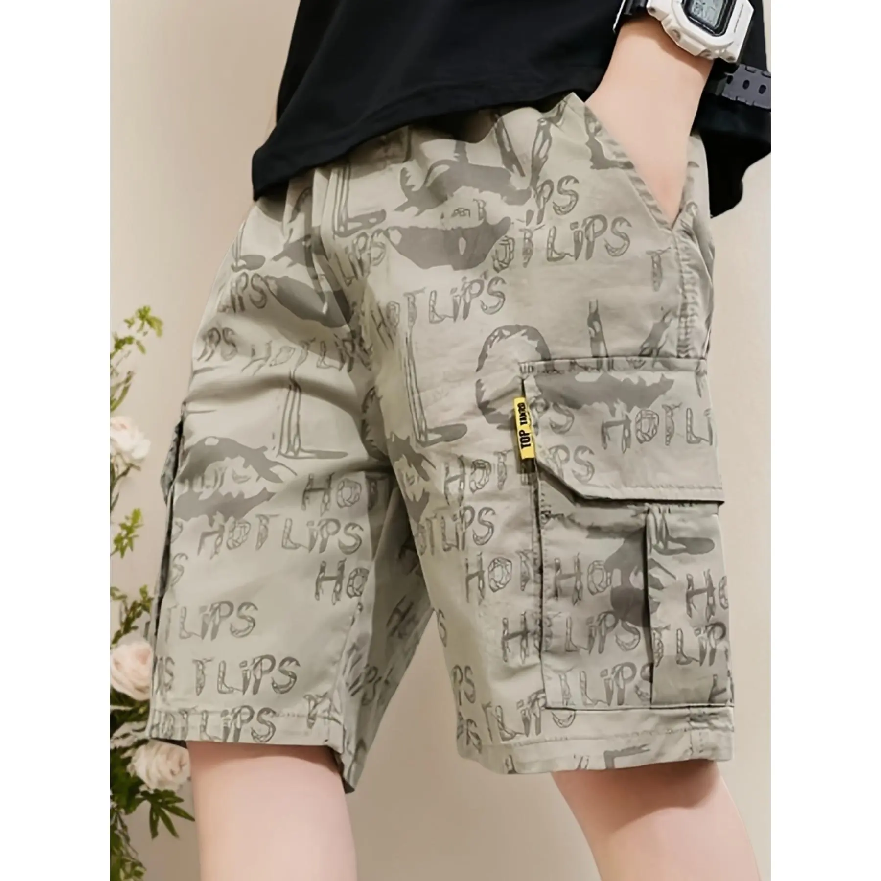 Boys' Cargo Shorts with Elastic Waist & Letter Graffiti Pocket - Loose-Fit Suitable for School, Travel, Outdoor| Machine Washable Shorts for Summer| Durable High-Quality Fabric| Birthday/Christmas Gift for Boys ( to), Perfect for Outdoor
