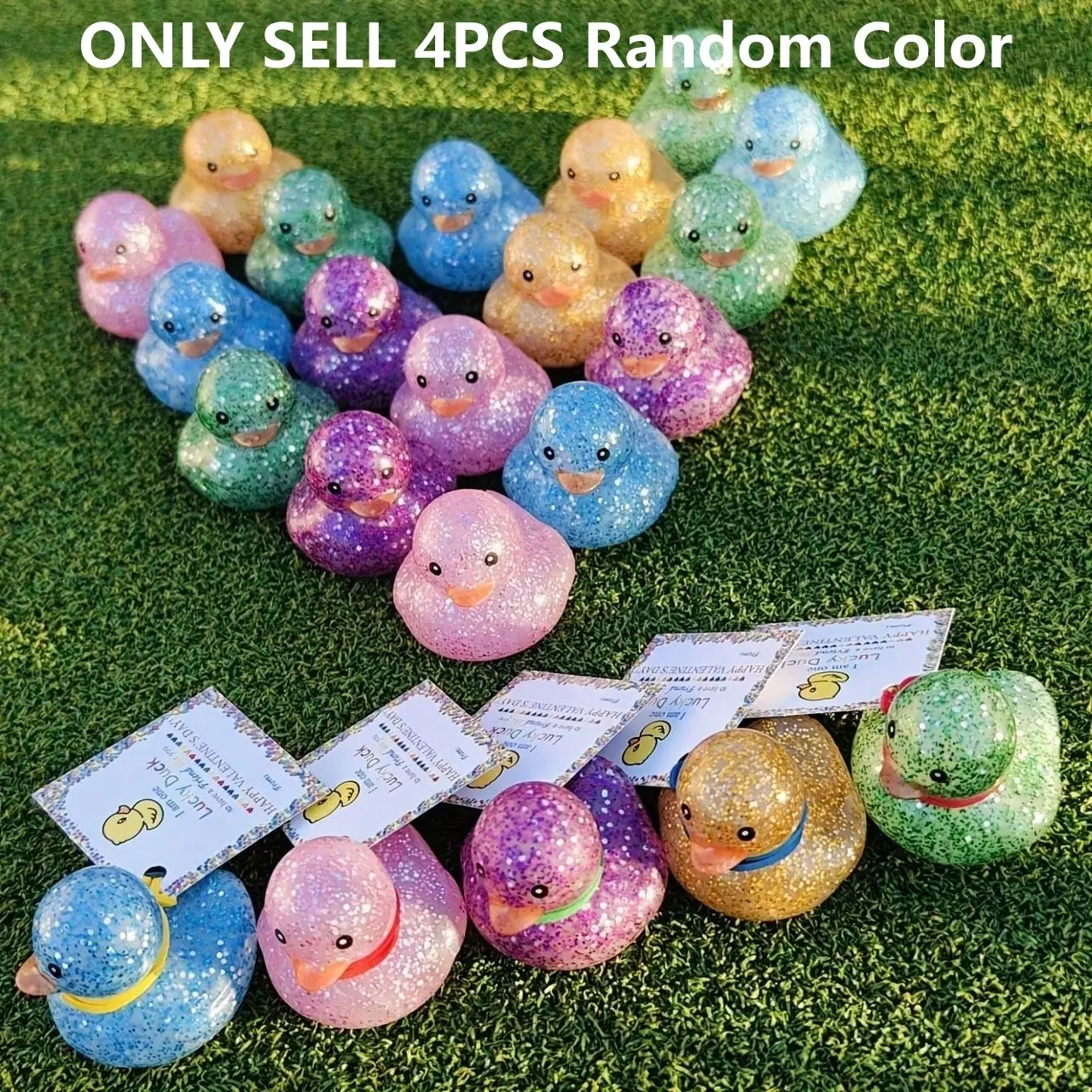 Glitter Lucky Duck Figurines Set of 4, Random Colors, Desktop Car Decor, Cartoon Rubber Duck Ornaments, Trendy Wish Ducks, Small Decorative Dolls, Car Interior Ornaments, Car Interior Decoration