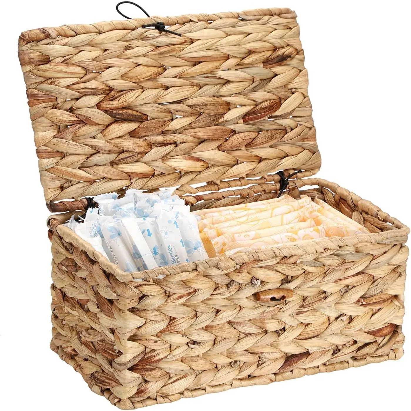 Sumnacon Woven Tampon Holder for Bathroom, Wicker Water Hyacinth Feminine Product Organizer with Lid, Farmhouse Rustic Tampon and Pad Organizer, Woven Storage Baskets Bin for Counter Toilet Tank