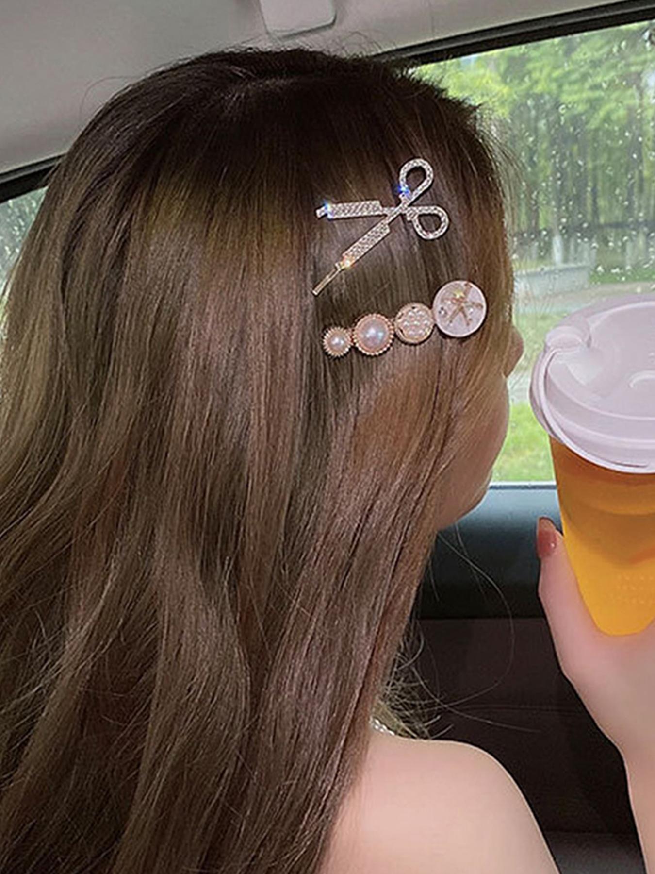 Faux Pearl and Feather Hair Clips Set for Women and Girls, Cute Bear Flower Scissors Design, Side Bang Fixed Hair Clips, Elegant and Fashionable Versatile Hair Accessories for Daily