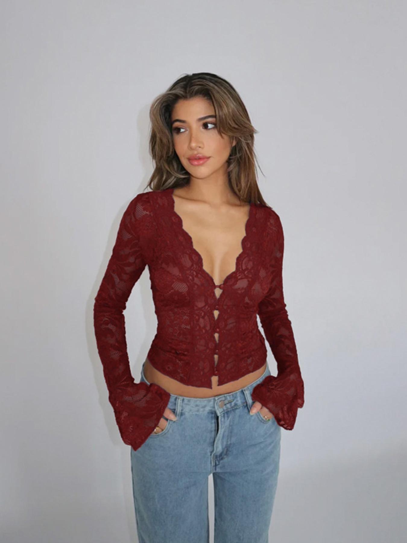 Women's Plain Scallop Trim Button Front Flounce Sleeve Lace Top, Casual V Neck Long Sleeve Top for Fall & Winter, Women's Clothing for Daily Wear Valentine's Day, Gift,  Going Out Tops