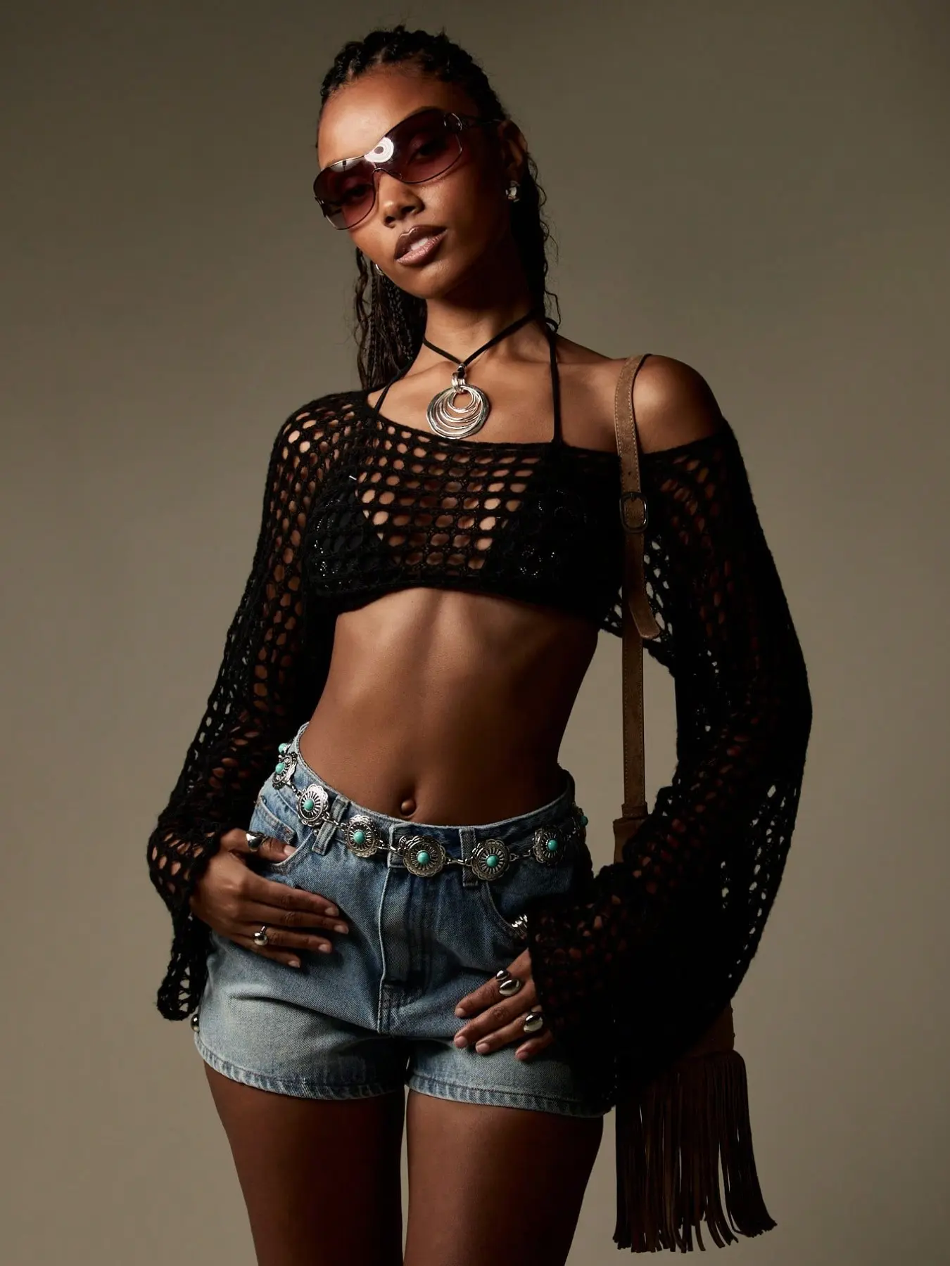 Women's Sexy Off The Shoulder Crochet Knit Crop Top Long Flare Sleeve Hollow Out Mesh Sheer Top Y2K Boho Festival Beach Cover Up Cover Up Beachwear