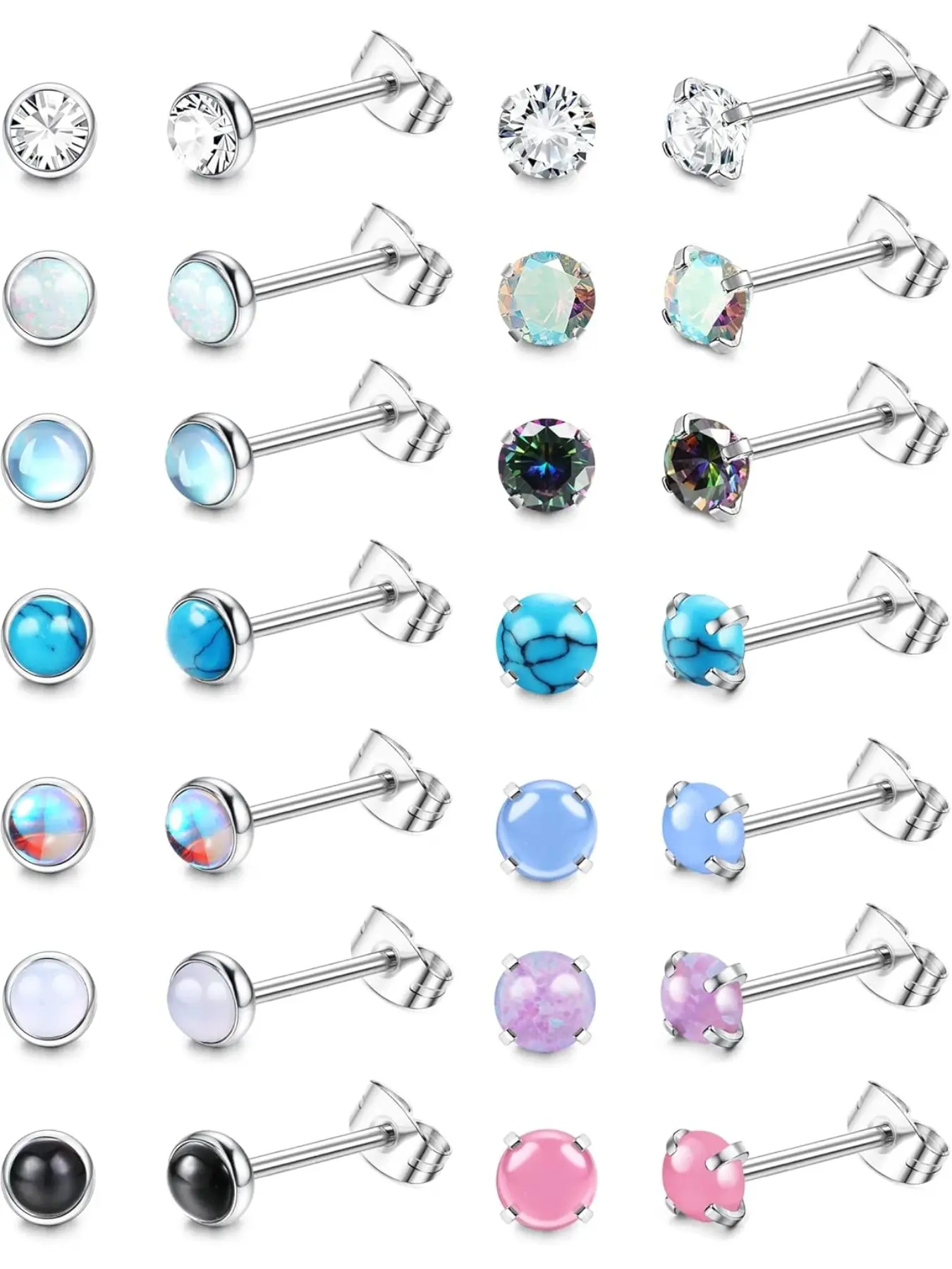 14 Pairs Hypoallergenic Surgical Steel Earrings for Sensitive Ears, Small Stud Earrings for Women Men, Cz Opal Moonstone Turquoise, Cartilage Piercing Jewelry 20g, Cartilage Earring Set