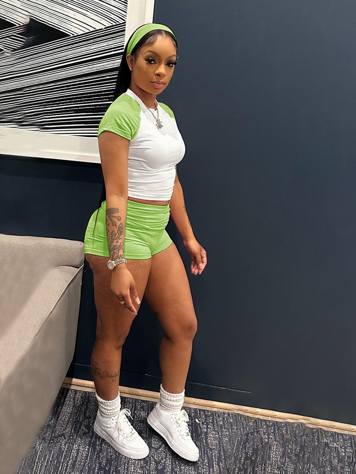 Women's 3-Piece Color Block Round Neck Short-Sleeve T-Shirt & High-Waisted Shorts & Headband Sporty Set, Casual Streetwear, Casual Sportswear Set, Casual Sportswear Outfit