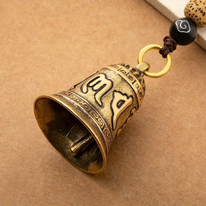 Vintage Brass Bell Pendant Keychain With Handmade Rope Lanyard, Six-Mantra Inspired Decorative Charm, Portable Hanging Ornament for Car Keys and Daily Bag Decoration