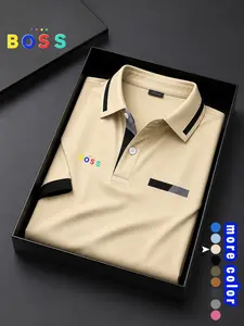 New Men's Casual Polo Shirt, Chest Pockets, Boss Print Collar Button Business Short Sleeve T-Shirt, Comfortable Breathable Fabric