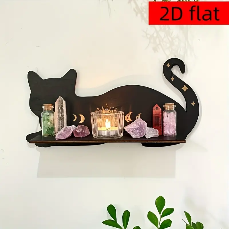 2D Flat Wooden Black Cat Wall Shelf Set of 3, Crystal Display Floating Wall Mount Shelves, Gothic Moon Star Cat Shape Hanging Rack for Crystal Stones, Succulents, Figurines, Aroma Candles, Bedroom Living Room Boho Home Wall Decor Gift Decoration, 2D Flat