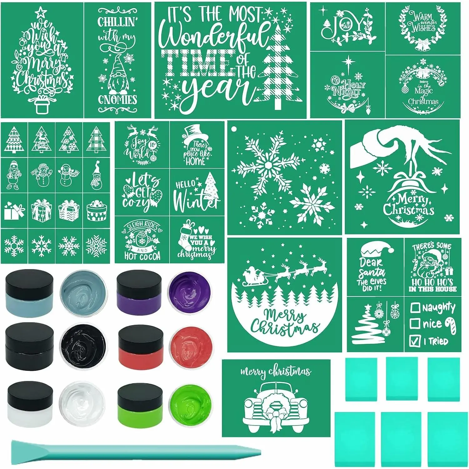 Silk Screen Stencils Christmas Chalk Paste Starter Kits 23 count, Adhesive Screen Printing Stencils Mesh Transfers Chalk  for Craft Christmas Stencils Painting   DIY T-Shirt  Card