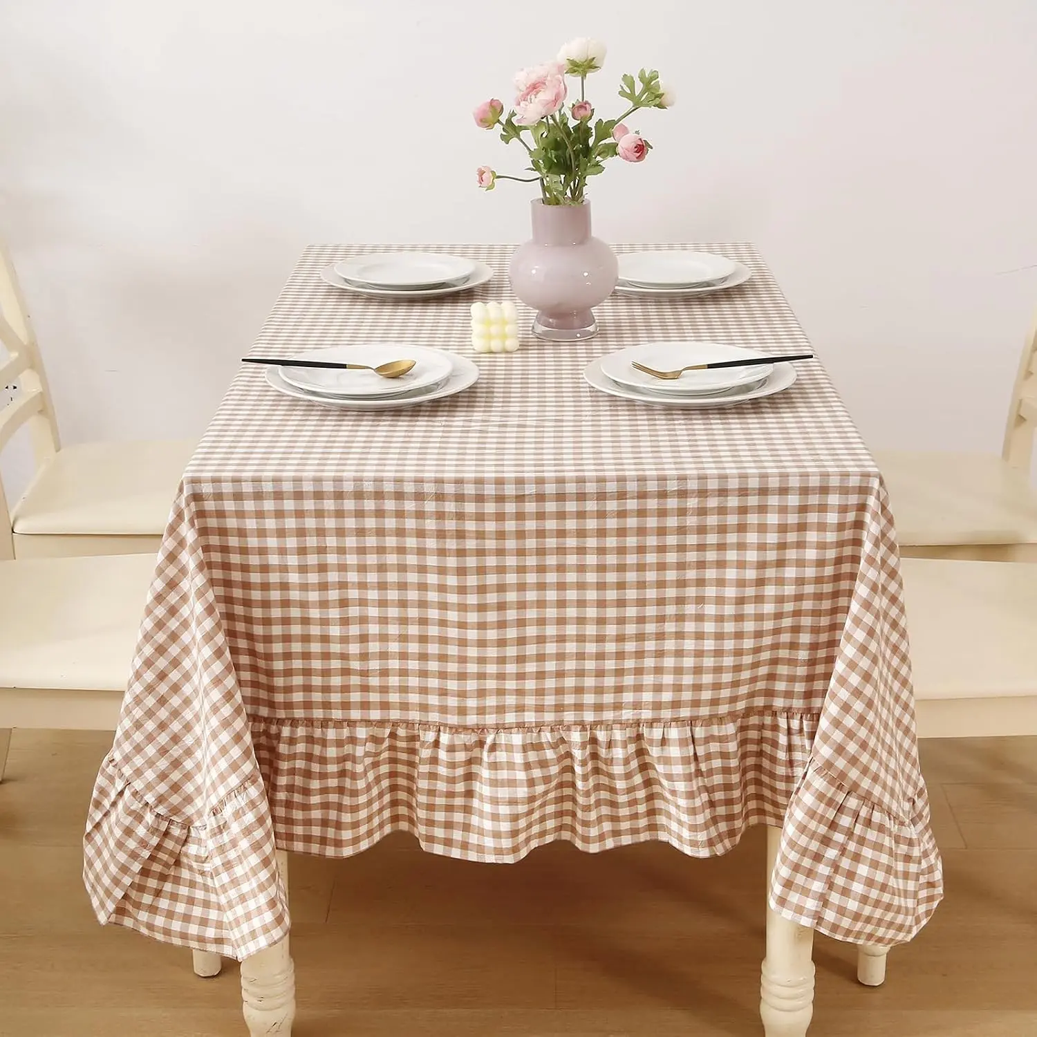 Taupe White Gingham Ruffled Tablecloth 120"x60" | 6” Extra Ruffle, 100% Washed Cotton, for Seat 8-10, Buffet Picnic Table Cover, Decorative Checker Plaid Farmhouse Table Cloth