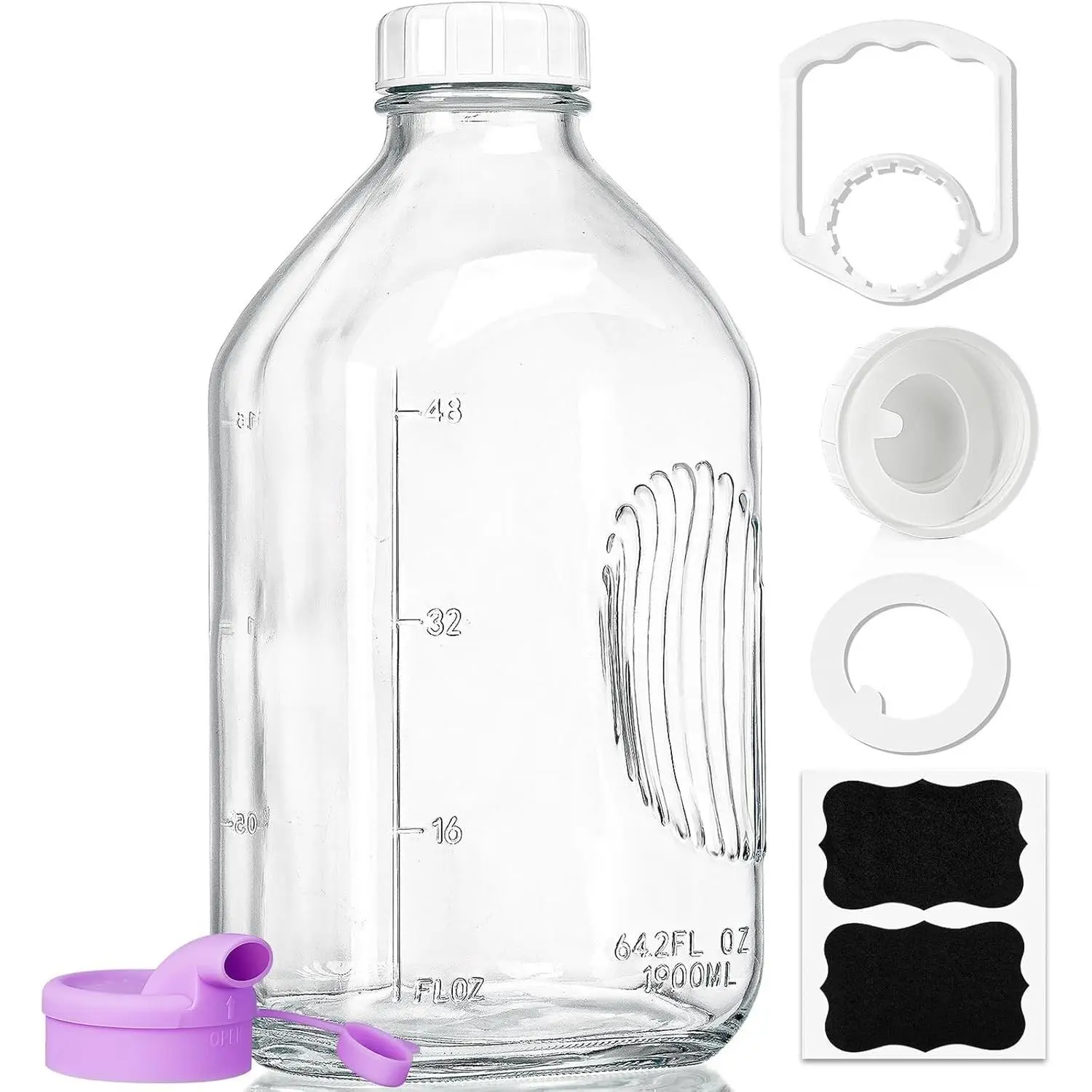 Ritayedet 64 Oz Heavy Duty Glass Milk Bottle with Reusable Airtight Strong SCREW LID - 1/2 Gallon Water Bottles with Scale Lines - 2 Qt Glass Milk Jug Pitcher - Extra Gaskets & Handle!