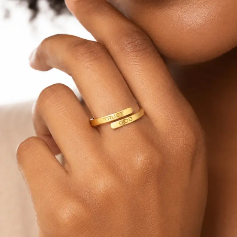 Unisex 14K Gold-Plated Stainless Steel Open Adjustable Bypass Cross Over Wrap Ring - Round, Engraved "TRUST GOD", Minimalist Polished, Stackable Casual Wear Costume Jewelry, Non-Tarnishing Gold Tone Metal Rings