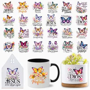 24pcs/set UV DTF Transfer Stickers, Christian Butterfly & Inspiring Quotes in Spanish, Waterproof for Cups, Bottles, Travel Mugs