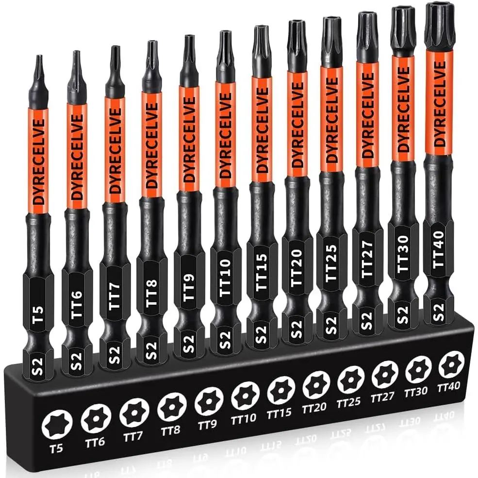12-Pack Impact Security Torx Bit Set, T5-T40, 3-Inch S2 Steel Construction with Magnetic Tips & 1/4" Hex Shank for Automotive DIY, Electronics