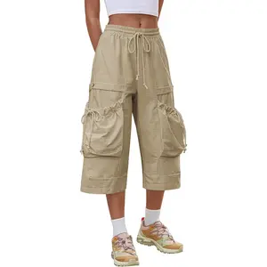 Wide Leg Cargo Capris Drawstring Elastic Waist Baggy Cropped Pants with Utility Pockets Casual Trousers